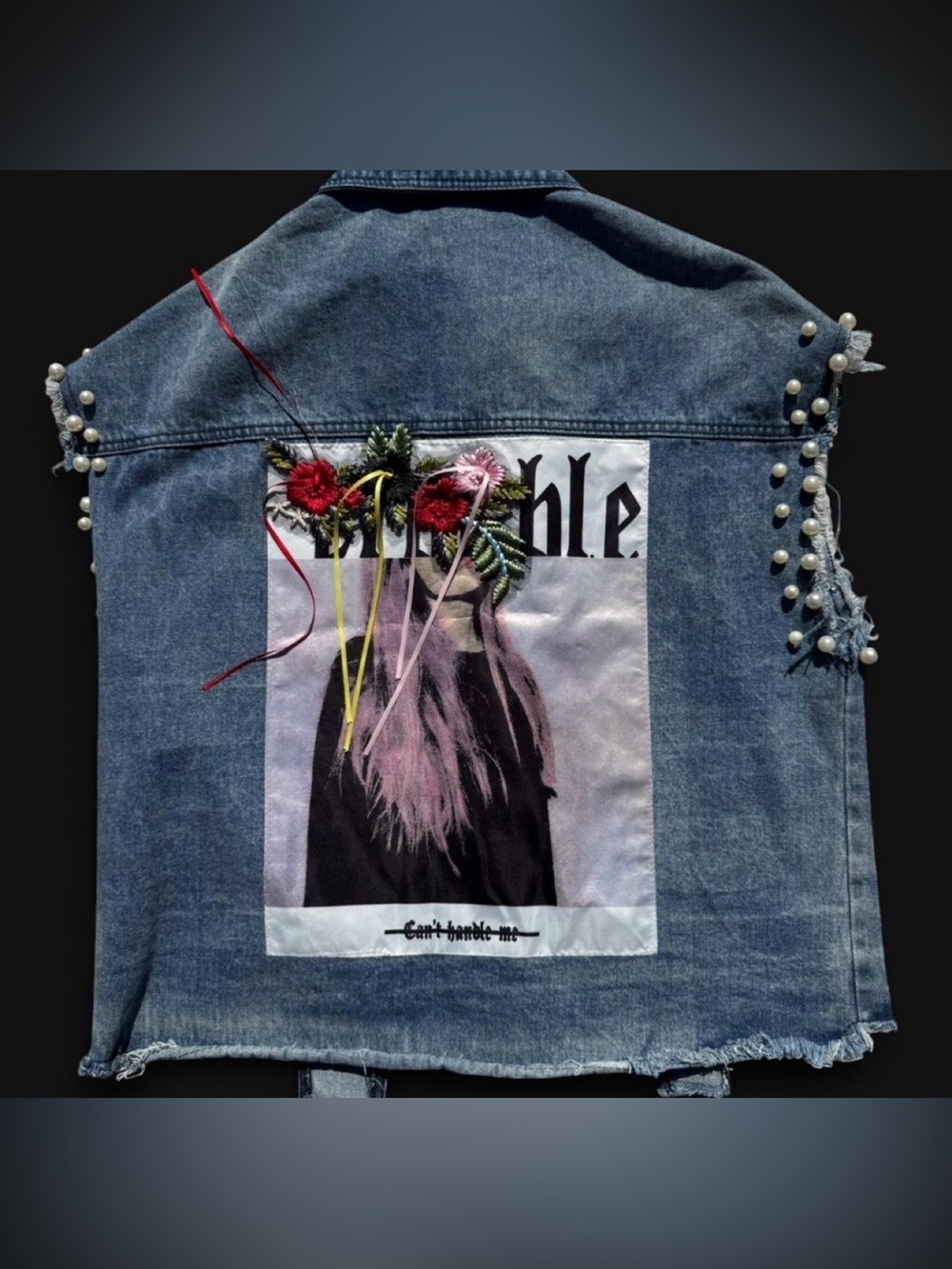 SALIN fashion custom Distressed Pearl Studded Vest Graphic Patch Back Size M/L